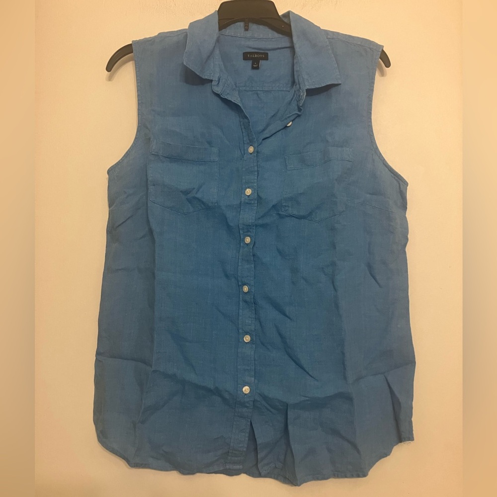 Talbots 100% linen blue sleeveless button down Ladies large